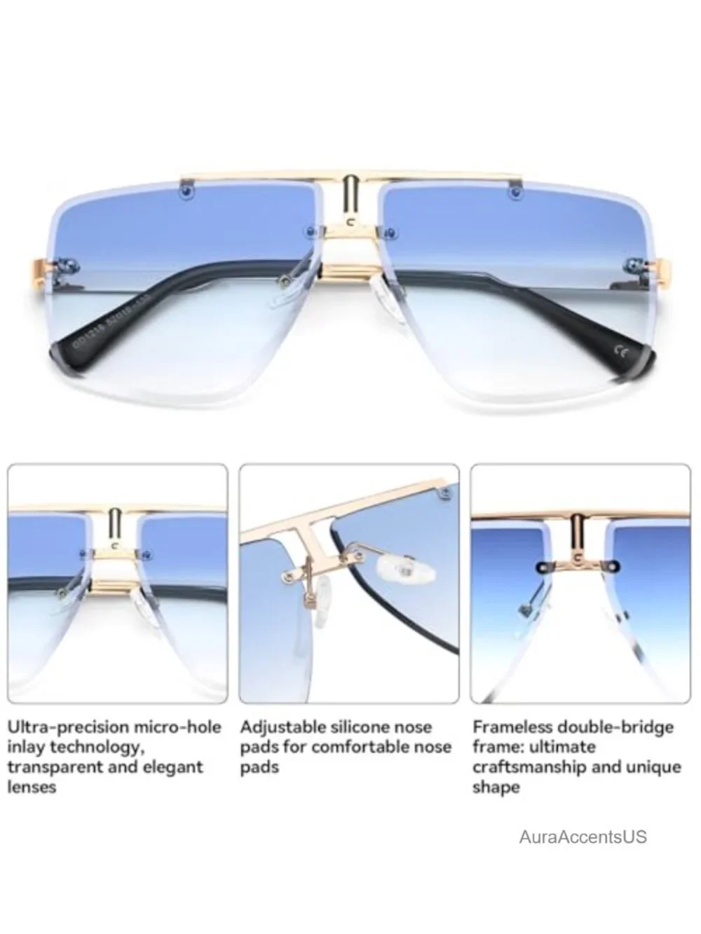 Rimless Oversized Square Sunglasses Gold Metal Frame UV400 Unisex